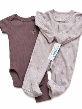 Carter's Lavender and Mauve Butterfly Footed One-Piece & Bodysuit Set